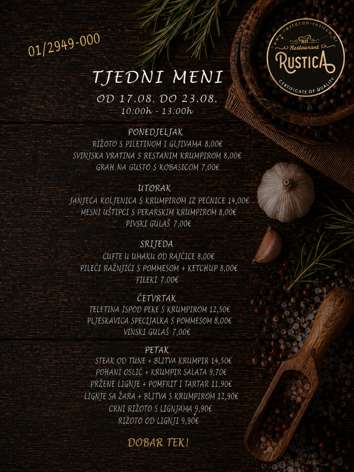 Wochenmenü des Restaurants Rustica Zagreb